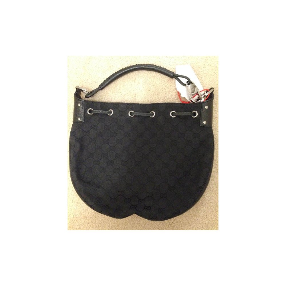 Auth New Never Used Gucci black GG LOGO canvas silver HW shoulder bucket bag - Picture 2 of 15